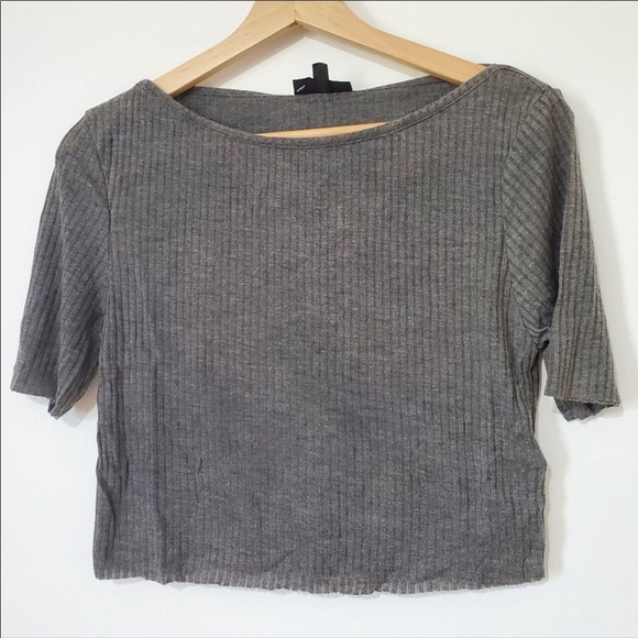 TOP SHOP Gray Raw Hem Crop Top - Picture 3 of 5